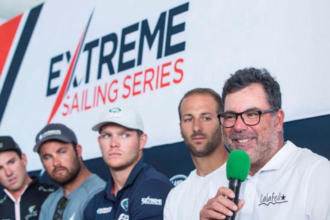 Act 4, Extreme Sailing Series Barcelona – Day 1 – Mitch Booth, skipper of the second Spanish-flagged wildcard Team Extreme, speaks to the crowds of media at the official press conference. © Lloyd Images http://lloydimagesgallery.photoshelter.com/